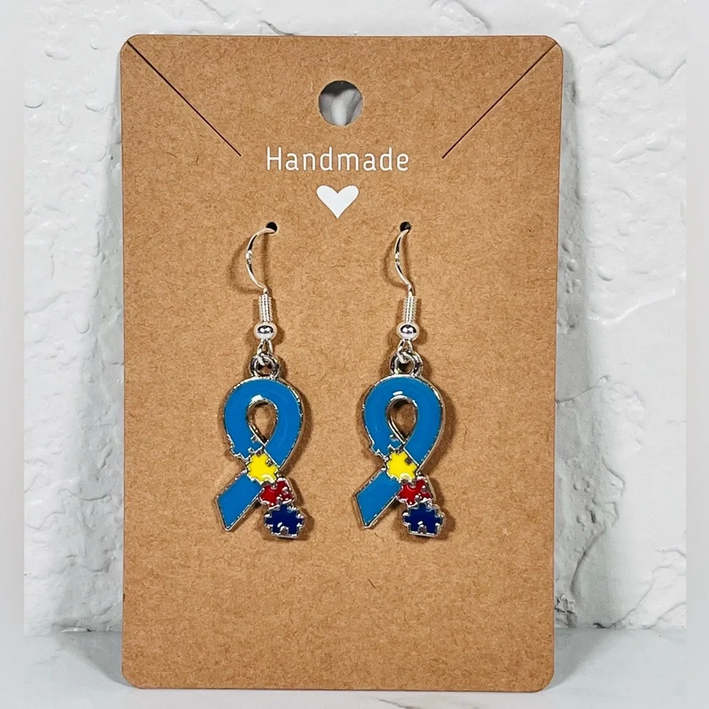 Autism Puzzle Piece Ribbon Earrings - Picture 8 of 8